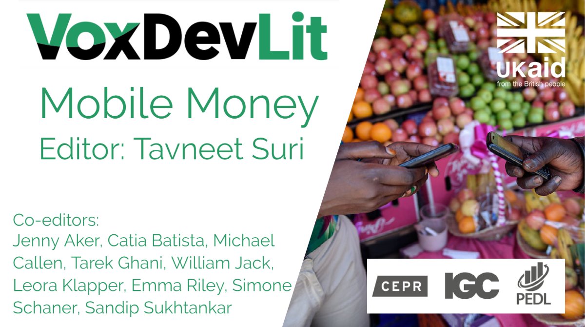 The 2nd Issue of #VoxDevLits on #MobileMoney is now available: voxdev.org/voxdevlit/mobi…
Edited by @SuriTavneet @vox_dev, the lit discusses the breakthrough of mobile money in the developing world.

VoxDevLits are dynamic literature reviews edited by scholars working in the field.