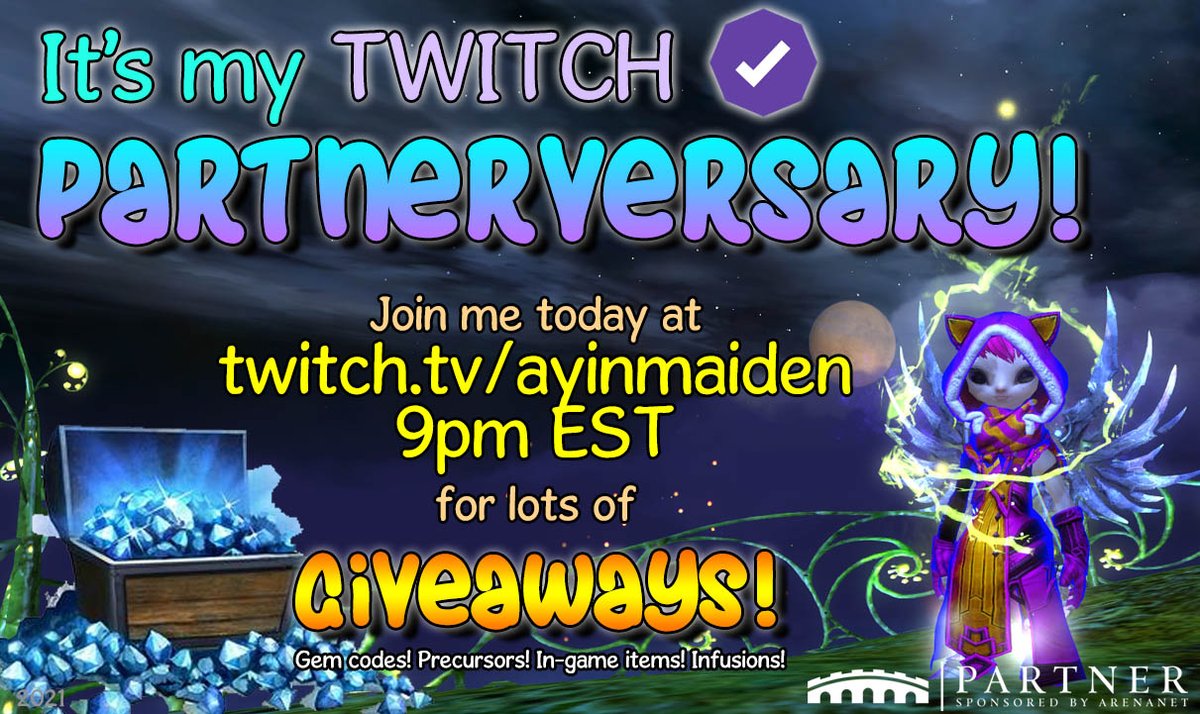 AyinMaiden's tweet photo. It's my Twitch Partner Anniversary today! 🥳🎉

I will be streaming #GuildWars2 and doing giveaways later tonight! 💎 Gem codes, precursors, items etc 💞 Just a little celebration to show my appreciation for all your amazing support! Much love! ❤️

#streamer #anniversary https://t.co/t0zdkrU731