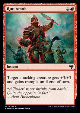 Boros has two distinct variants in  #MTGKaldheim   Draft, and I believe they are defined by two different commons: Run Amok and Tormentor’s Helm.Both cards fill a similar purpose: enabling attacks early and increasing total damage potential. Both cards provide inevitability.1/5