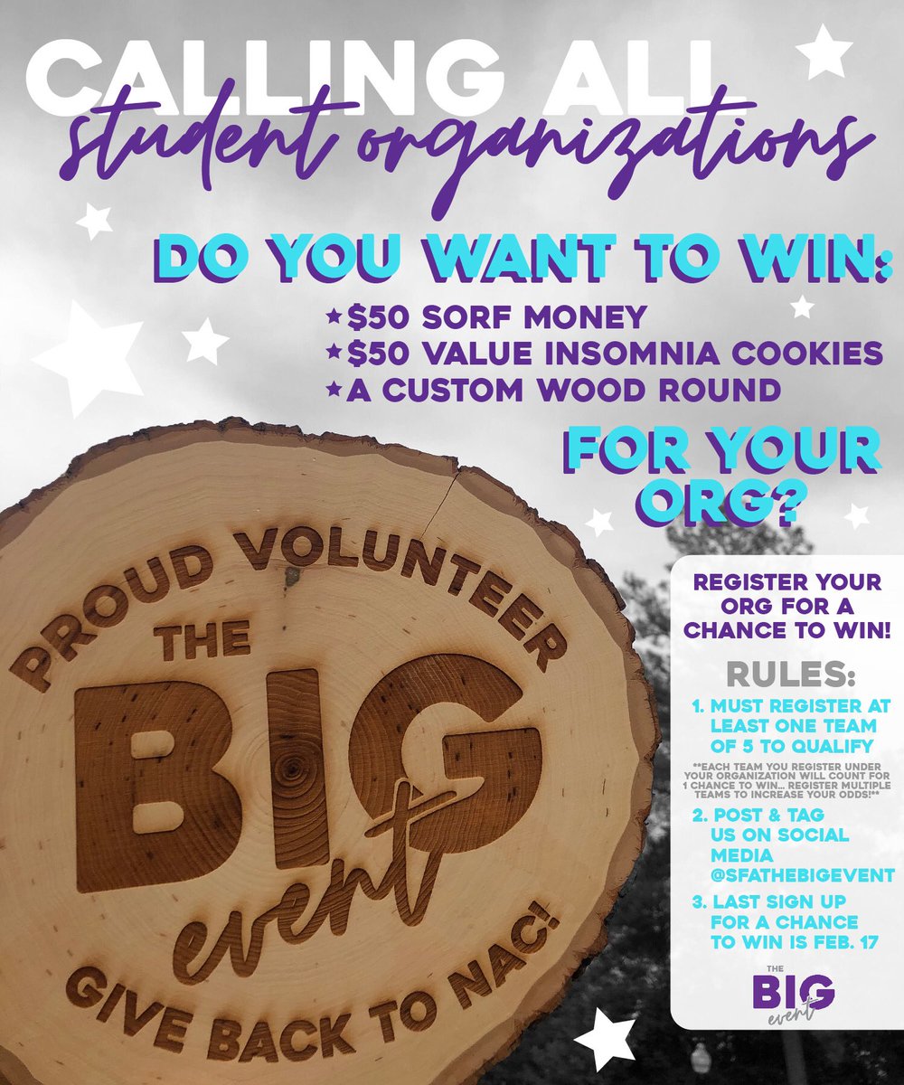 🚨🚨CALLING ALL STUDENT ORGS!!!🚨🚨 do you want to win $50 SORF, $50 Insomnia 🍪 &amp; a custom wood round with your logo?!? Register your organization for the BIG day of service to be entered to win! (See directions in graphic) HURRY BECAUSE THIS OFFER ONLY LASTS UNTIL FEB 17!!🤪