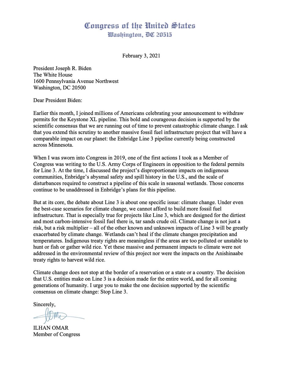 Today, I led a letter to President Biden urging him to stop the construction of the Line 3 pipeline. 

Climate change does not stop at the border of a reservation or a state or a country—it impacts us all. 

The Biden Administration can and must act to stop Line 3.