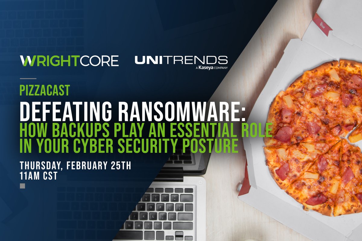 wrightcoreinc's tweet photo. Join us for the next @wrightcoreinc #PizzaCast with our partner @Unitrends. #MakeITWright #WrightCorePizzaCast #Ransomware #Unitrends #Backup #DisasterRecovery #SecurityPosture #DR #RansomwareAttacks #DataProtection #CyberSecurity Registration: https://t.co/Yx9c1FfnCK https://t.co/Cm81DNjCIc