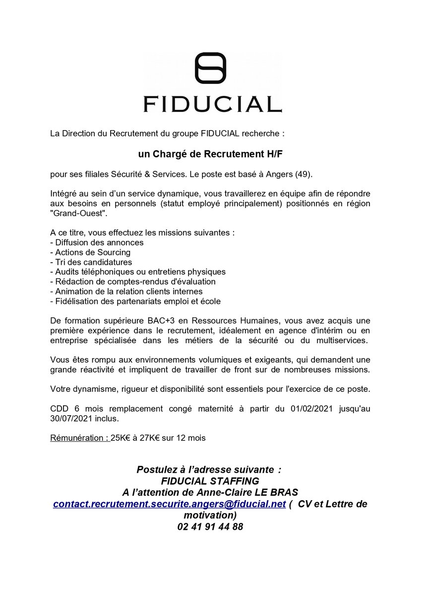 [#recrutement] Alumni, à vos CV !

Notre partenaire <a href="/Fiducial/">FIDUCIAL</a> recherche un(e) Chargé(e) de recrutement en #CDD sur 📍 #Angers .

Vous êtes réactif(ve), vous aimez la relation client et travailler dans un environnement stimulant ? Ce poste est fait pour vous 😍