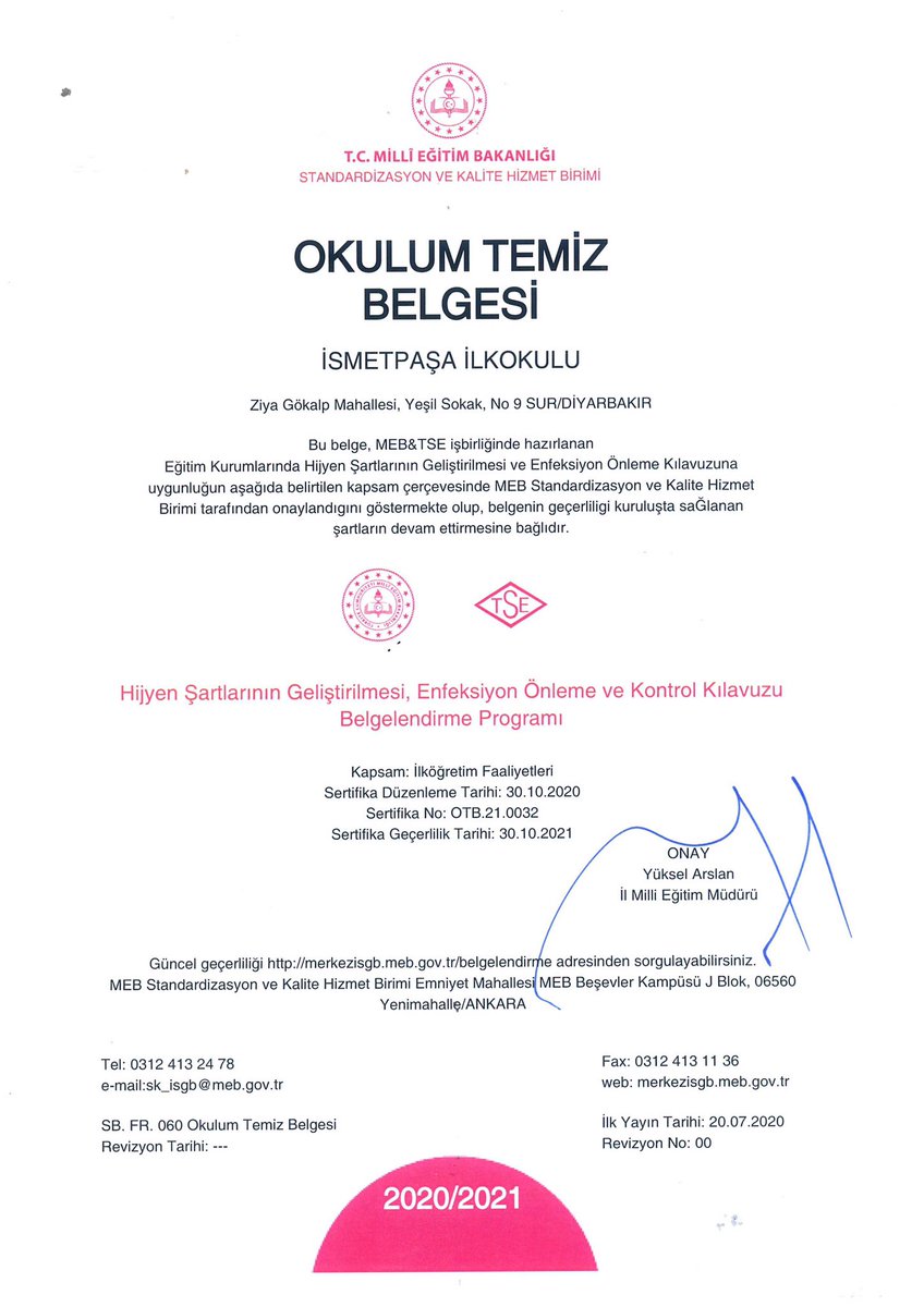 MEB Standardizasyon ve Kalite Hizmet birimi tarafından okulumuza "OKULUM TEMİZ BELGESI” verilmiştir. Destekleri için İlçe Müdürümüz Sayın Eyüp UÇAK’a teşekkür ederiz. <a href="/EyupUcak/">Eyüp Uçak</a> @YUKSELARSLAN217  <a href="/SurMilliEgitim/">Sur İlçe Milli Eğitim Müdürlüğü</a> <a href="/abdullahciftci7/">Abdullah Çiftçi</a>