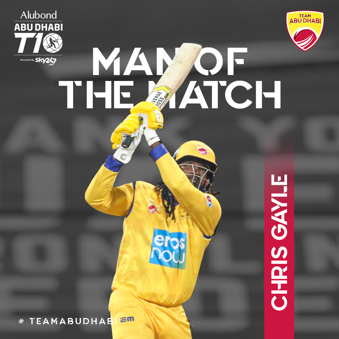 TeamADCricket's tweet photo. .@henrygayle was on fire 🔥 
The unstoppable #UniverseBoss whacked us into a glorious win! The #GayleStorm took the opposition apart by scoring 84 runs off just 22 balls!!!
#TeamAbuDhabi #InAbuDhabi #AbuDhabiT10 #MAvTAD
@ErosNow
@T10League https://t.co/m2ZsTKrRa4