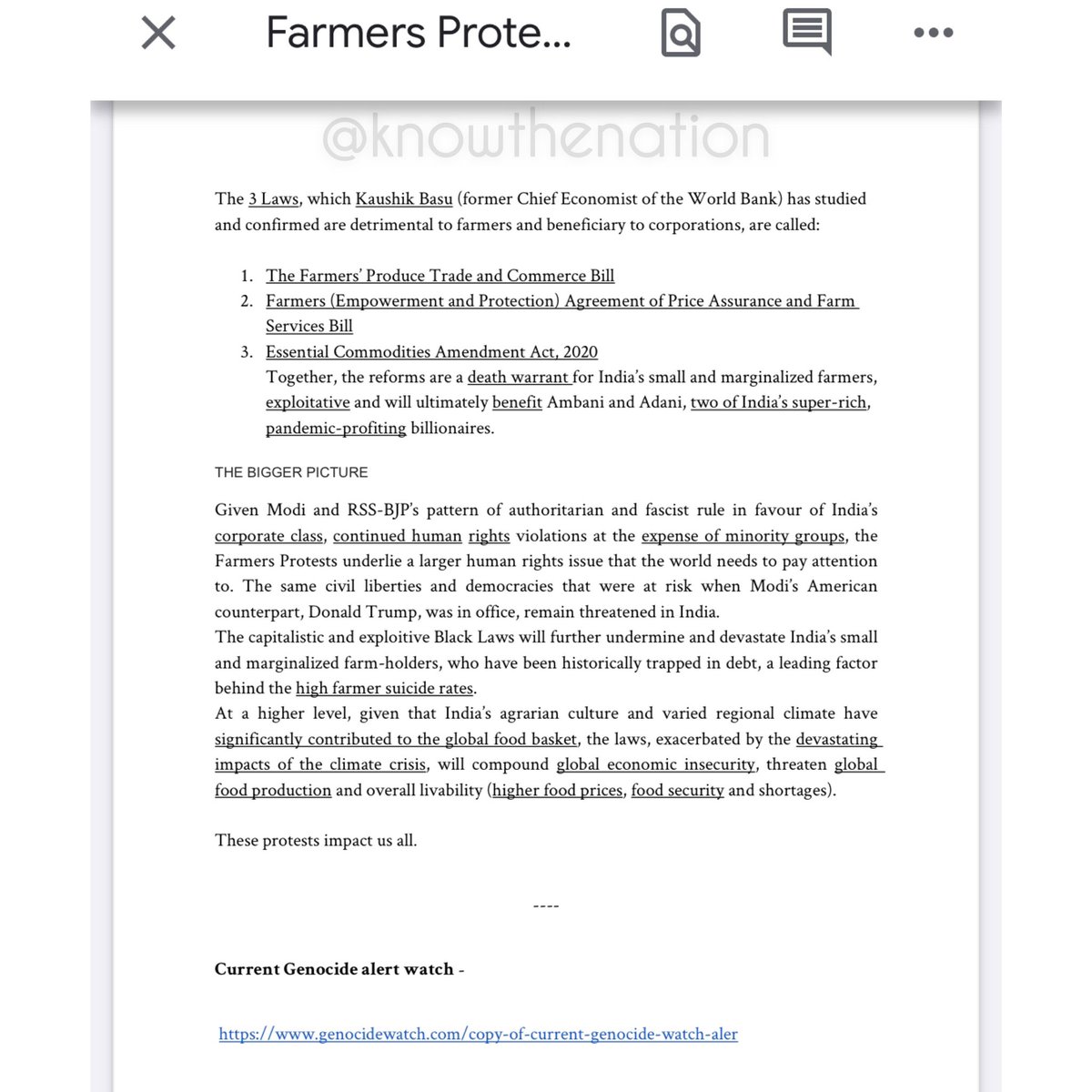 A doc titled ‘Cheat Sheet’ makes references to phrases like ‘demonetisation’, ‘stripping of Kashmirs sovereignty’, ‘anti-Muslim’, anti-Christian’ & ‘rise of Hindu nationalism’What has all of this got to do with so-called ‘farmer’ protests? #IndiaAgainstPropaganda  #IndiaTogether