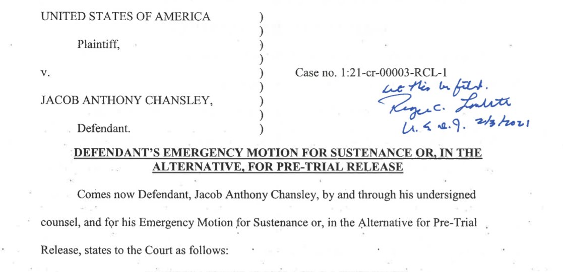 So...the Q Shaman has now filed a formal motion requesting to be fed organic food in jail--or get released.