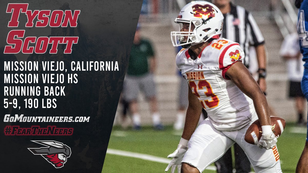 FB | <a href="/MountaineerFB/">Western Colorado Football</a> is excited to announce the signing of Tyson Scott out of Mission Viejo HS. Scott was named to the South Coast League 2nd Team in 2019 after compiling 718 yards (609 rushing - 6.8 ypc) and 11 TDs.

Welcome to the Mountaineer Family! #FearTheNeers #ThinAirCrew
