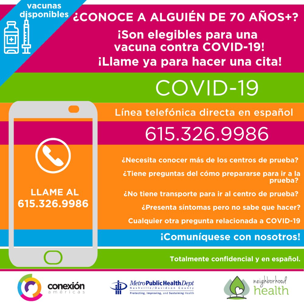 Nashville teacher friends! Please share this information with your Spanish speaking families. We have vaccines available for people over the age of 70, and are helping with language needs as well as transportation.
