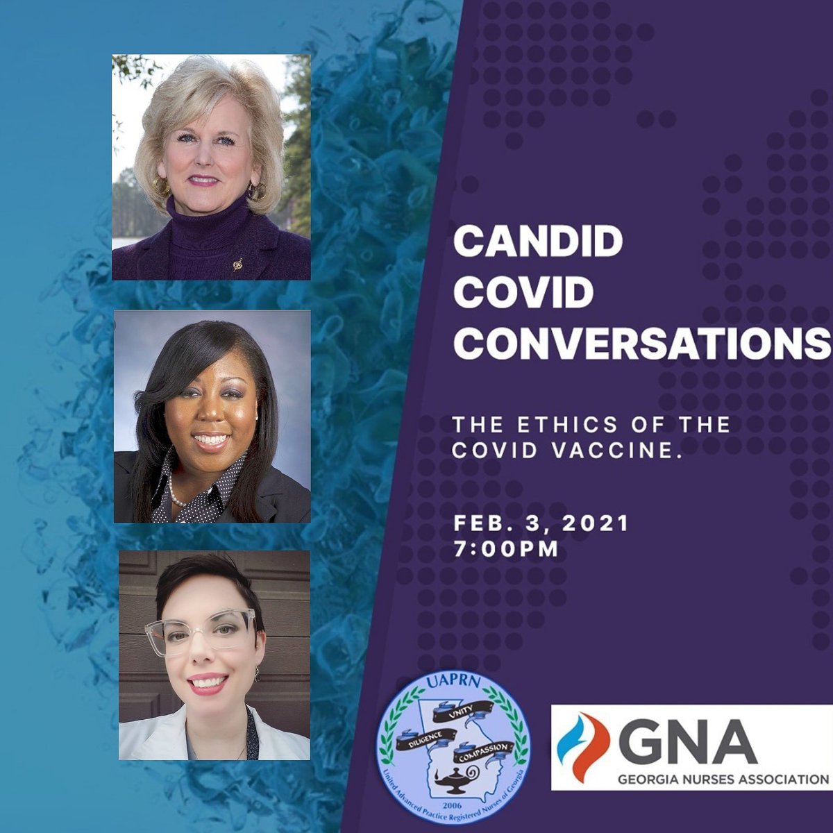 Join us tonight as we discuss the ethics of the COVID vaccine trials and roll out. <a href="/DocLisaEich/">Dr. Lisa Wright Eichelberger</a> <a href="/MNelsonAPRN/">Michelle Nelson</a> and @ABlackmonAPRN will be speaking at 7 PM EST! 
#COVID19 #NurseTwitter #RNTweet 
eventbrite.com/e/candid-covid…