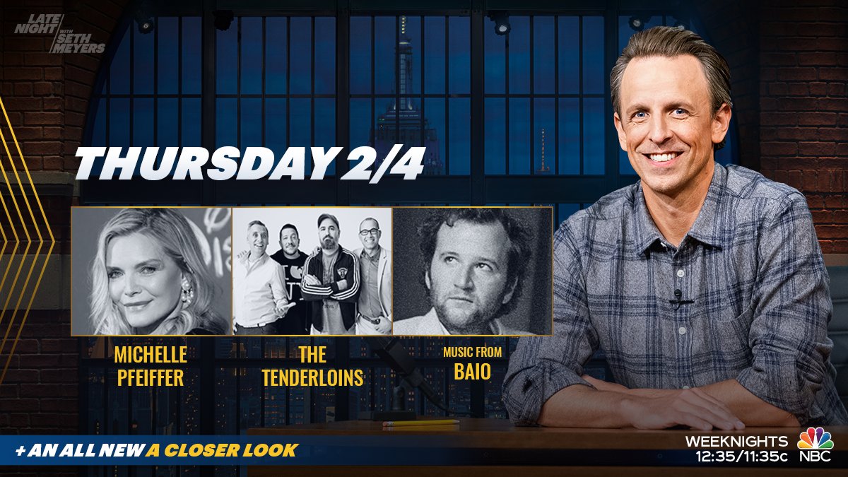 Tonight, <a href="/SethMeyers/">Seth Meyers</a> interviews Michelle Pfeiffer and <a href="/thetenderloins/">The Tenderloins</a> from @truTVjokers, with music from <a href="/OIAB/">Chris Baio</a>! Plus, an all new #ACloserLook.
