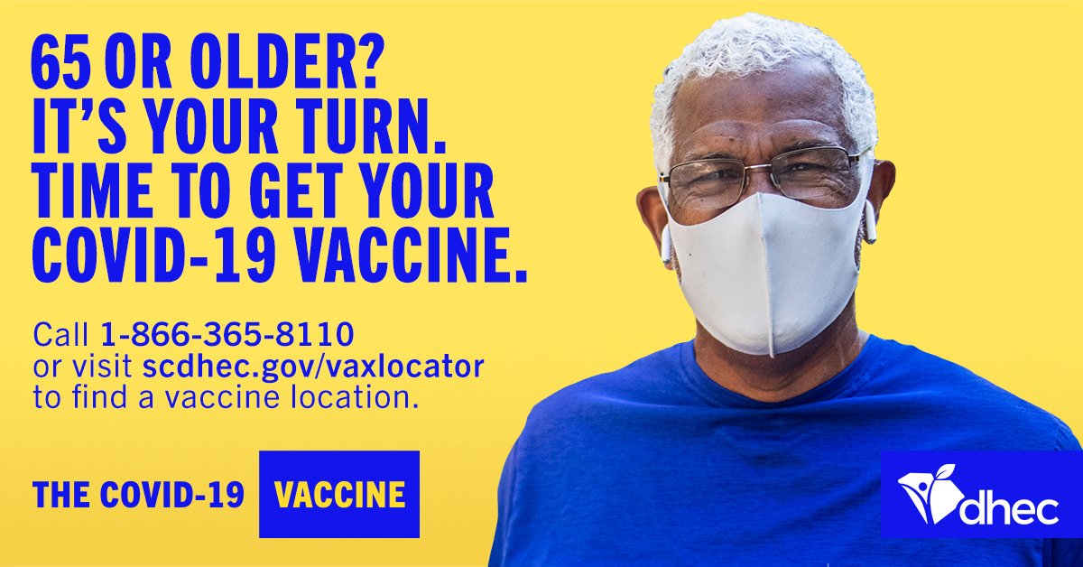 South Carolina Department of Public Health (@sc_dph) on Twitter photo Beginning Monday, February 8, Gov. <a href="/henrymcmaster/">Gov. Henry McMaster</a> and DHEC announce that any South Carolina resident aged 65 or older, regardless of health status or preexisting conditions, can begin scheduling their appointment to receive COVID-19 vaccine. scdhec.gov/news-releases/… Beginning Monday, February 8, Gov. <a href="/henrymcmaster/">Gov. Henry McMaster</a> and DHEC announce that any South Carolina resident aged 65 or older, regardless of health status or preexisting conditions, can begin scheduling their appointment to receive COVID-19 vaccine. scdhec.gov/news-releases/…