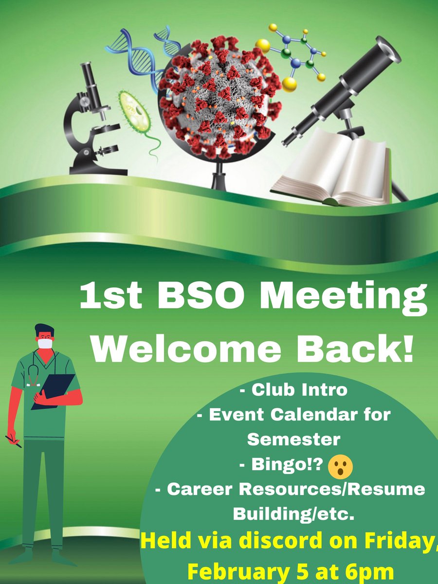 First BSO meeting of the semester!
We hope you join us as we talk about the future of this organization and all the plans we have moving forward.

Make sure you are a part of our Discord, where the meeting will take place!
discord.gg/TSyeaCdYSR