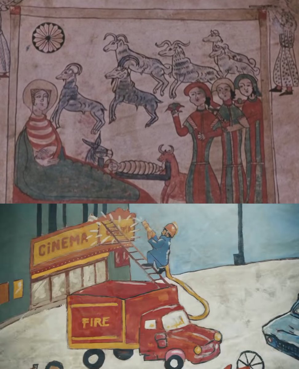 there’s also a series of closeups of wall drawings in both, and the composition of the movie shots is structured in a way that makes it easier to convert into a drawing like this