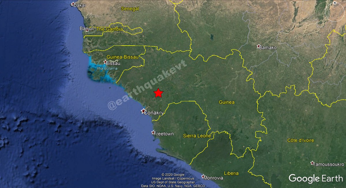 earthquakevt's tweet photo. ⚠️#Guinea🇬🇳: A moderate #earthquake of magnitude mb=5.0, was registered at 39 KM E of #Tondon, region of #Kindia. Depth: 14,4 KM.
More info: https://t.co/faqo92Yr5k
Avez-vous ressenti le séisme?, Dites-nous!.
#EQVT,#séisme,#TremblementDeTerre,#tremor,#sismo,#temblor,#terremoto. https://t.co/iwrU0AXkD7
