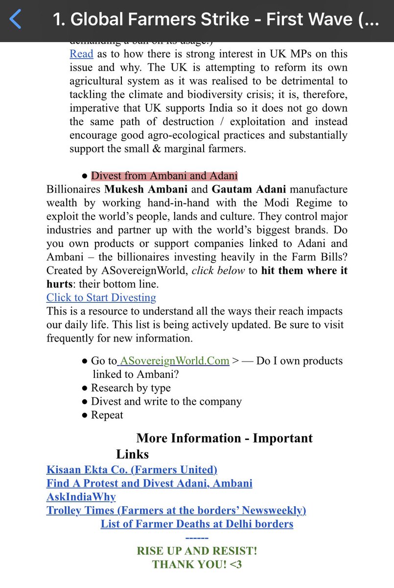 A part of the doc accidentally shared by  @GretaThunberg seeks global support to ‘Divest from Ambani-Adani’ and hit ‘them’ where it hurts.Seems like it was never about ‘farmers’ but only about hurting India’s economic opportunities. #IndiaAgainstPropaganda  #IndiaTogether