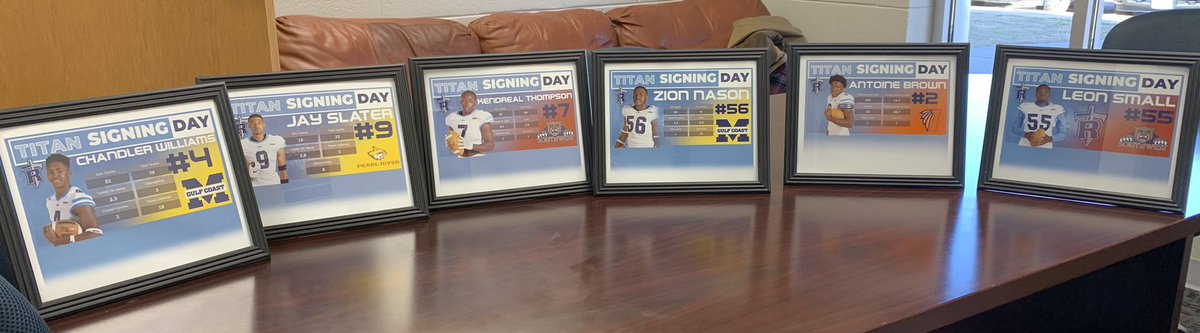 Today at 3:00 we will send 6 additional Titans to the next level.  Congrats to:
Chandler Williams - MGCCC
Zion Nason - MGCCC
Jay Slater - PRCC
Antoine Brown - ICC
Leon Small - SWCC
Kendreal Thompson - SWCC
We are all proud of you!  Go on and make us proud.  #TitanUp #NextLevel