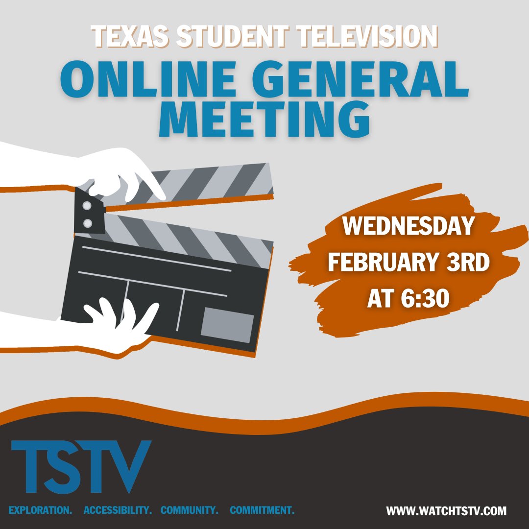 TexasStudentTV's tweet photo. The day is finally here! Our TSTV Online General Meeting will take place tonight at 6:30 pm on zoom! Everyone is welcome at TSTV regardless of major or school so come on by! Use the link below to sign up and receive the zoom code. https://t.co/KWumkPK0b2 https://t.co/DRmWHrF2yI