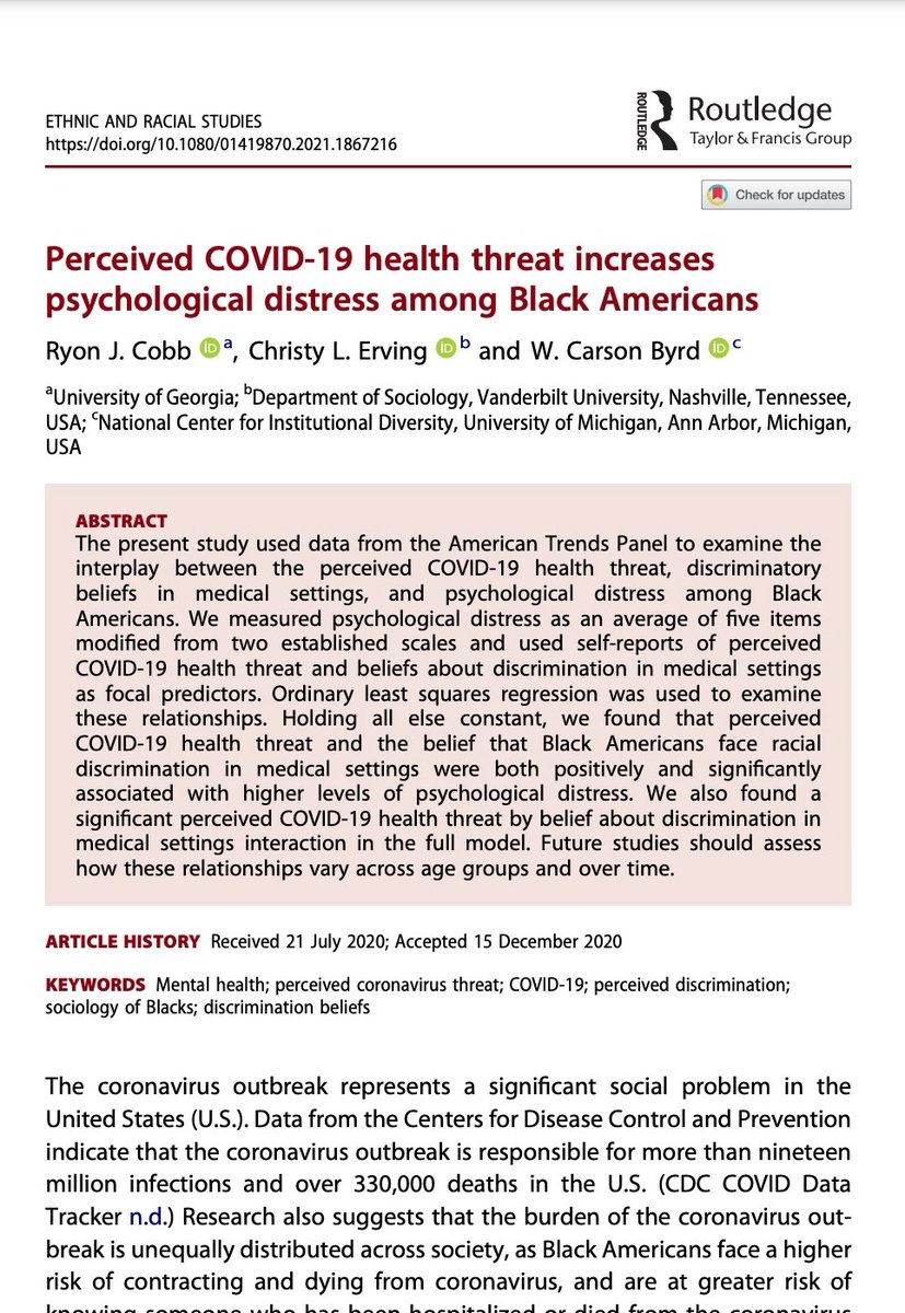 RyonCobb's tweet photo. Perceived COVID-19 health threat increases psychological distress among Blacks- @RyonCobb, @ChristyLErving, &amp; @Prof_WCByrd | @ASAnews @ASA_SREM @ASA_SALC @PRBA_ISR @DarrickHamilton @SandyDarity @victorerikray @BlackInGeron @SociologistRay | link: https://t.co/ZmzETNnP27 | #BLM https://t.co/huLd5Zooot