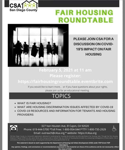 This Friday, mark your calendar and save the date!

Register to join us for a discussion on COVID-19 impacts on fair housing.
Link to register: eventbrite.com/.../fair-housi…...
#wearecsasandiego #csasandiegocounty #fairhousing #COVID19
#viviendajusta