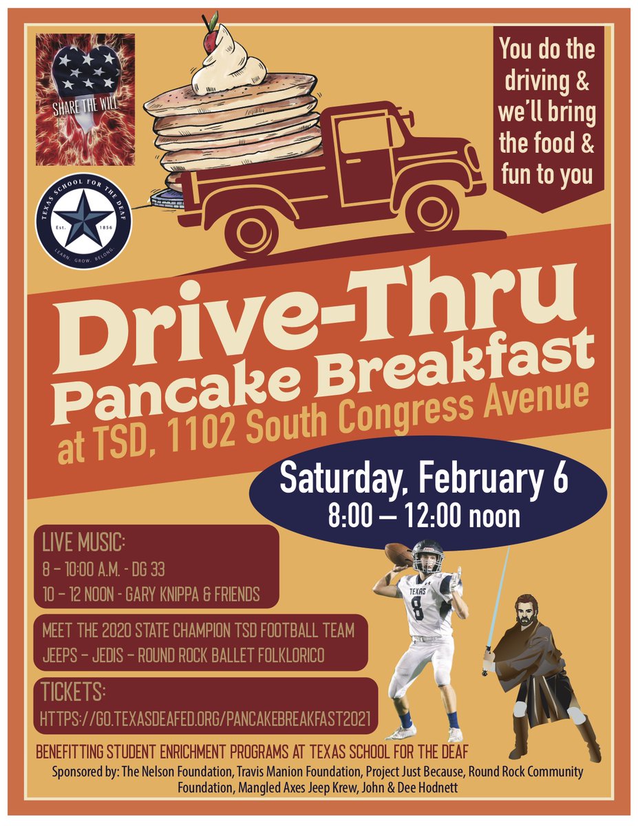 _LanguageForAll's tweet image. This Saturday! Our annual pancake breakfast at TSD. This year it&apos;s a drive-thru event. Live music from 8-12, the opportunity to meet your 2020 state champion TSD football team, and much more! Get your tickets today here: go.texasdeafed.org/PancakeBreakfa…