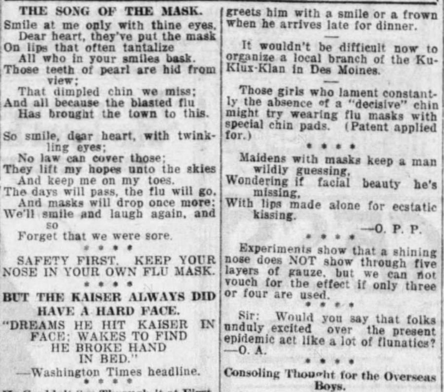 3/ One doctor interviewed then states: "As a matter of fact, the common use of the mask tends to propagate rather than check influenza." Read the whole thing... but that's not all...Let's hop over to Iowa. Des Moines Tribune, Nov 30, 1918...