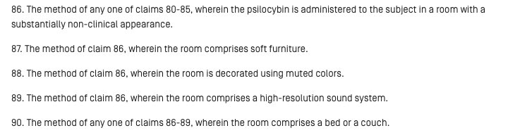 Compass’ app claims administering psilocybin “in a room with a substantially non-clinical appearance”:“the room comprises soft furniture"“the room is decorated using muted colors”“the room comprises a high-resolution sound system”“the room comprises a bed or a couch”4/