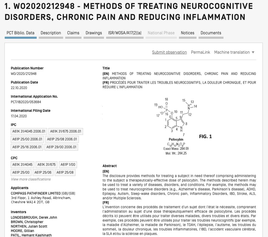 Compass’ ‘688 PCT application claims are not limited to treatment of depressionCompass also has filed two separate PCT applications‘948 application:  https://patentscope.wipo.int/search/en/detail.jsf?docId=WO2020212948‘951 application:  https://patentscope.wipo.int/search/en/detail.jsf?docId=WO20202129517/