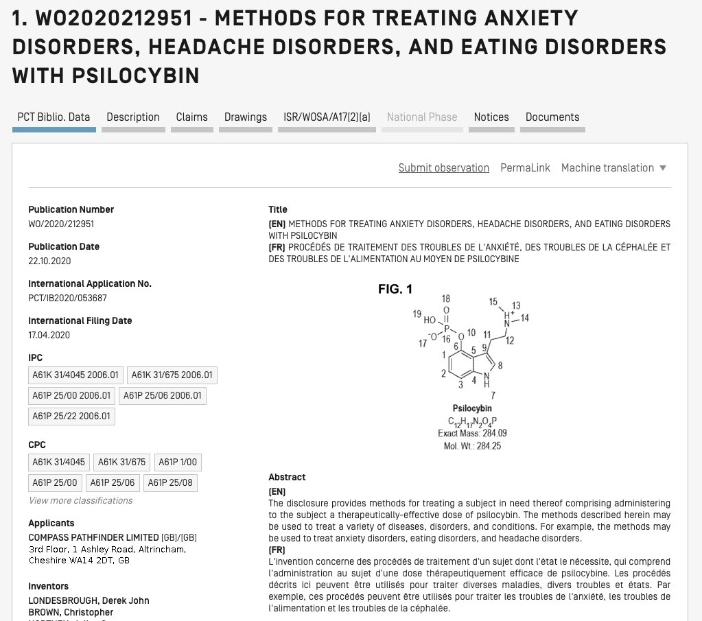 Compass’ ‘688 PCT application claims are not limited to treatment of depressionCompass also has filed two separate PCT applications‘948 application:  https://patentscope.wipo.int/search/en/detail.jsf?docId=WO2020212948‘951 application:  https://patentscope.wipo.int/search/en/detail.jsf?docId=WO20202129517/