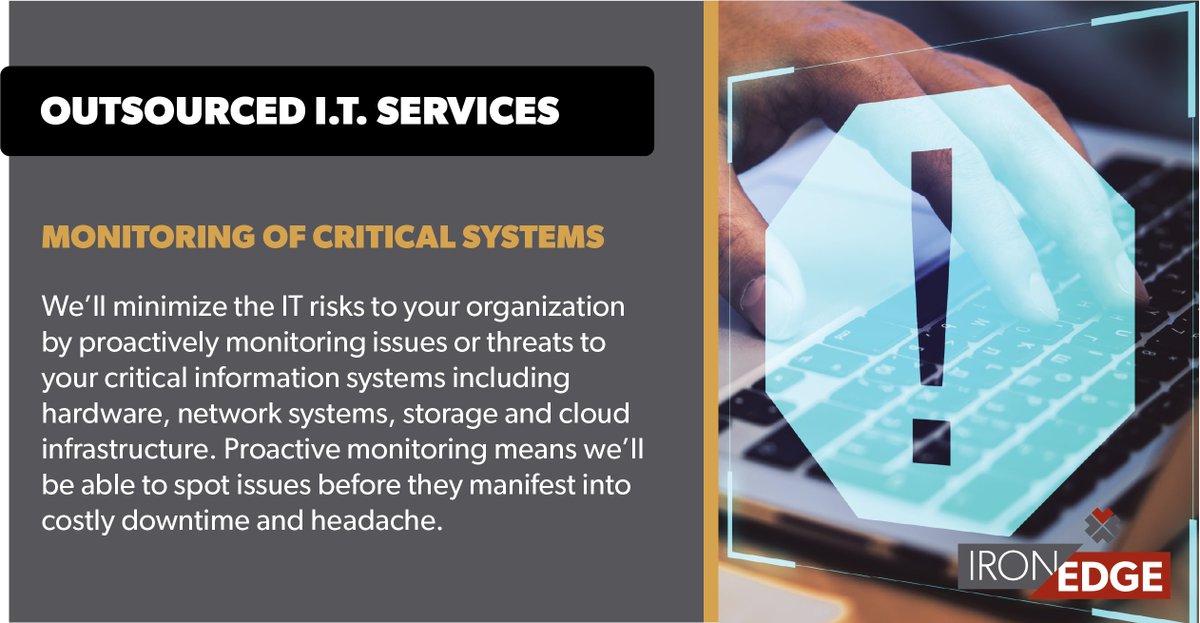 ironedgegroup's tweet image. IronEdge takes a proactive &amp;amp; strategic approach to monitoring critical information systems—fortifying your organization before issues arise. 
 
Does your business have a secure IT infrastructure in place? ow.ly/lFrA50Dpt30  
 
#OutsoucedIT | #ITSupport | #SystemsMonitoring