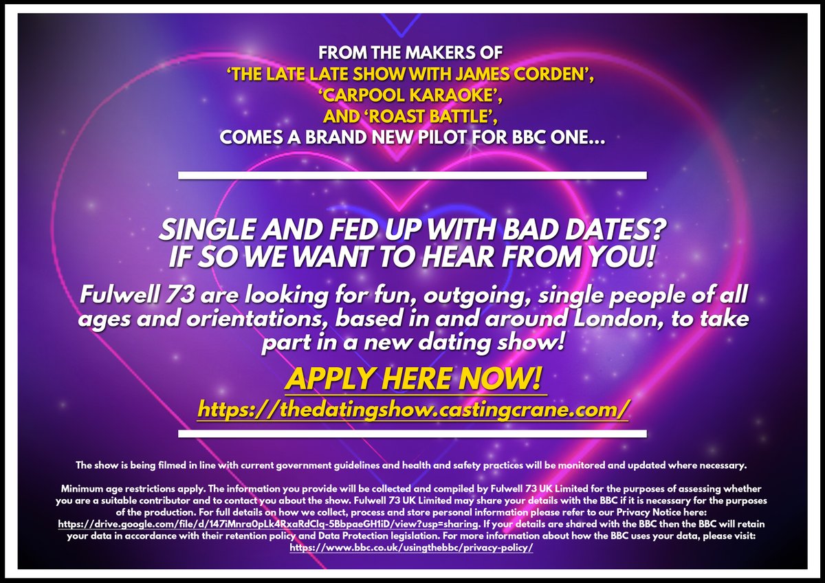 Casting for a brand new dating pilot for a MAJOR broadcaster. I'm on the hunt for fun single people, of all ages and orientations, to take part! If this sounds like you or anyone you know, drop me a DM! #dating #findlove #datingshow 
APPLY NOW:
thedatingshow.castingcrane.com
