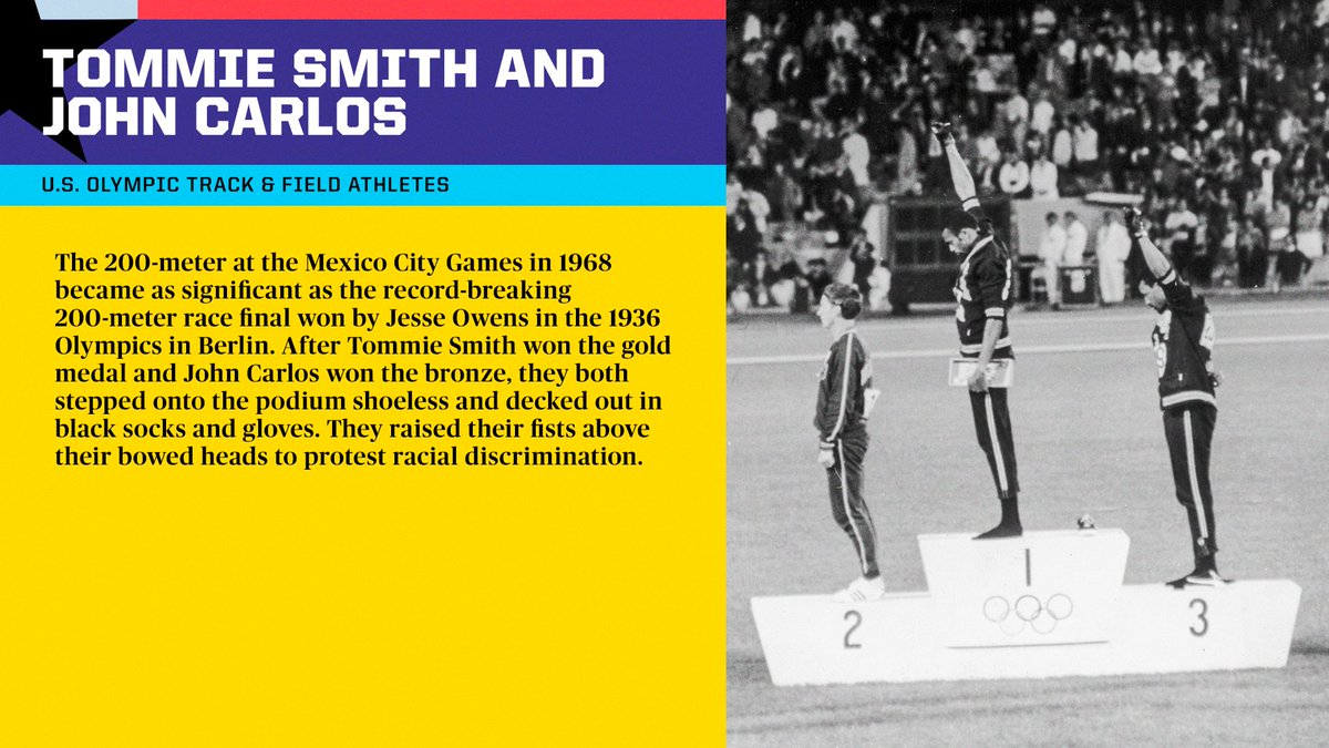 In 1968, Tommie Smith and John Carlos took a stand against racism and discrimination on the biggest stage of them all, the Olympics. The two wore black gloves while raising their fists after earning gold and bronze medals in the 200-meter dash. #BHM   x  #BlackHistoryAlways