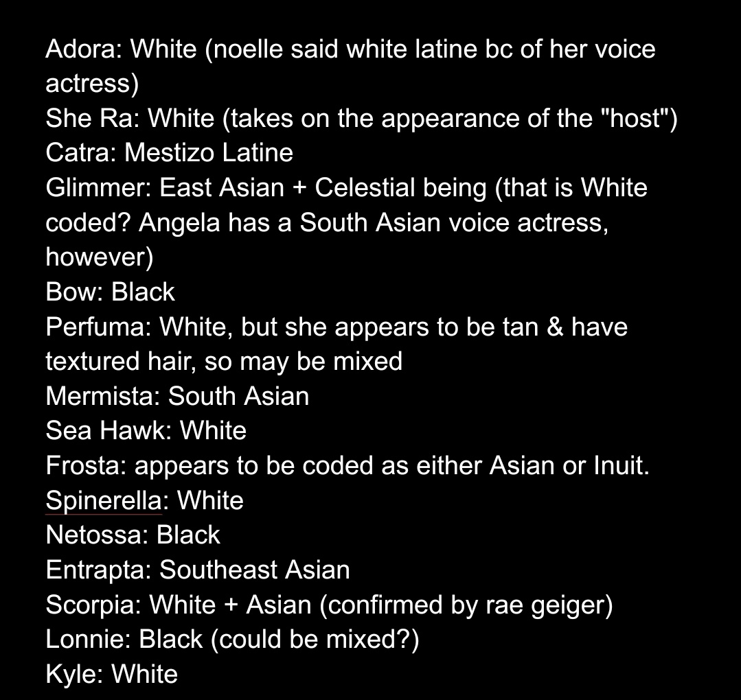 I couldn't fit it into one tweet so here's a screenshot of what I interpreted all non-alien/humanoid character's races and ethnicities to be - the majority of them are either white or mixed with white.