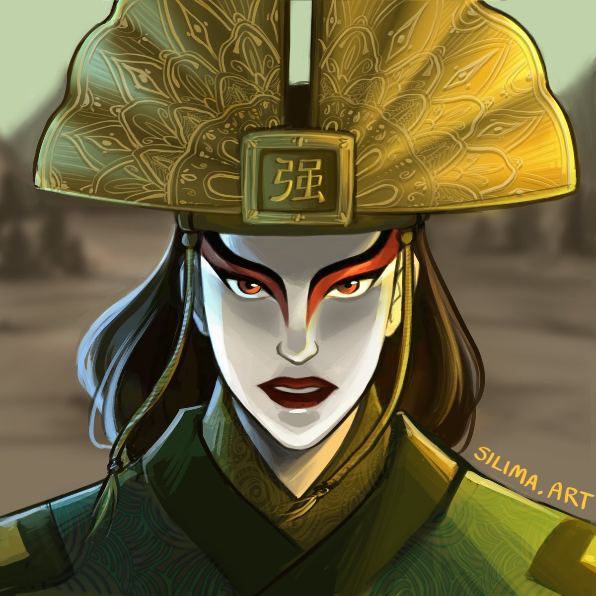 a screenshot redraw of kyoshi. she is facing the viewer head-on with a seri...