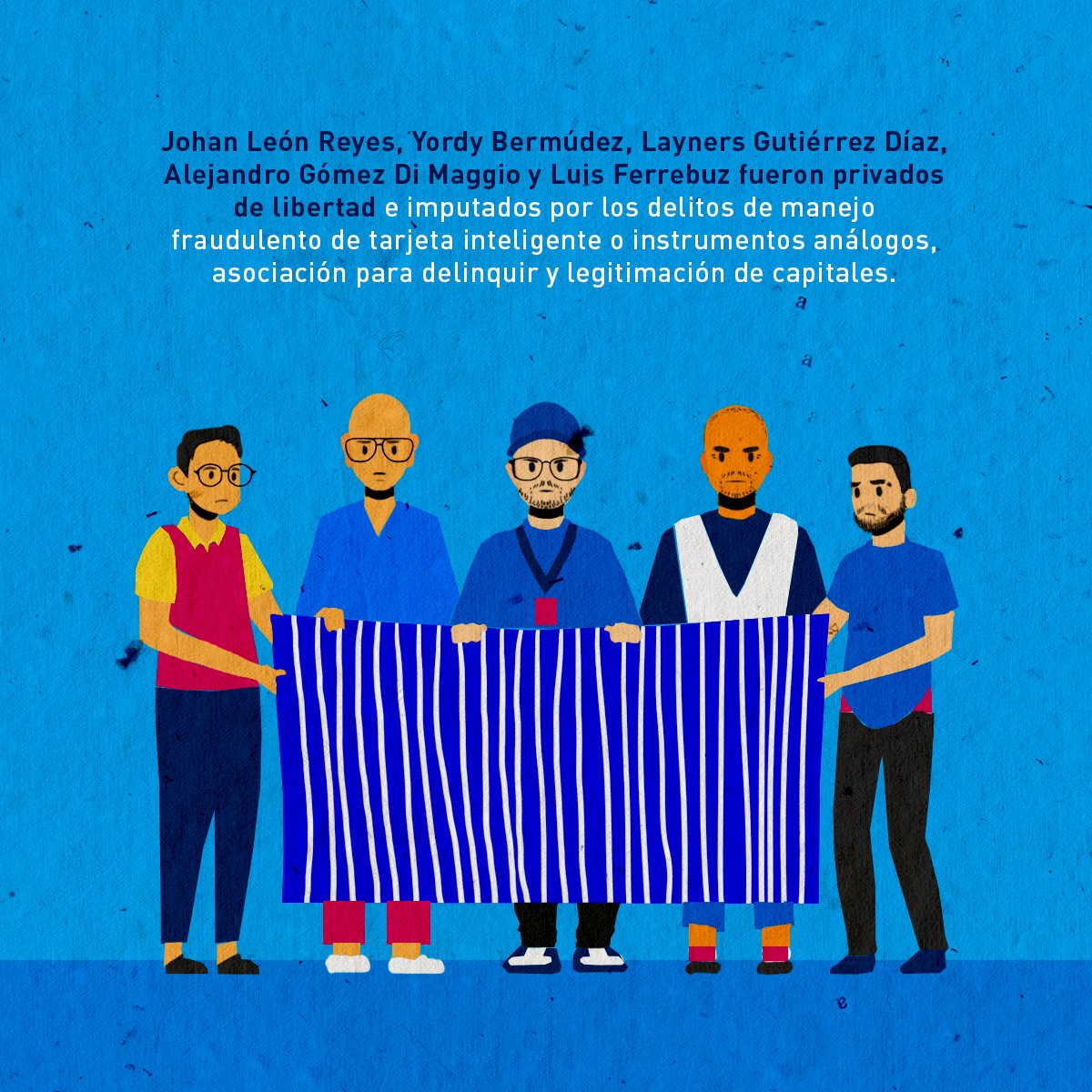 MulierVenezuela's tweet photo. Johan León, Yordy Bermúdez, Layners Gutiérrez, Alejandro Gómez y Luís Ferrebuz suman hoy 23 días detenidos en la sede de la DGCIM.

Se encuentran detenidos por el trabajo humanitario que realizan en Venezuela. @UN exige su liberación inmediata.

 #LiberenAzulPositivo #NosFaltan5 https://t.co/nic68IZuNz