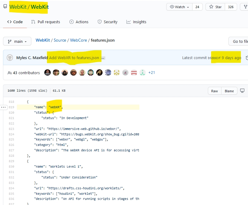 Towards a support of #WebXR in #Safari on #ios !? Maybe...

Recently, 80 commits in <a href="/webkit/">WebKit</a>
 implement WebXR features:
github.com/WebKit/WebKit/…

Their bugtracker contains new related issues:
bugs.webkit.org/show_bug.cgi?i…
bugs.webkit.org/show_bug.cgi?i…
bugs.webkit.org/show_bug.cgi?i…

we'll see...