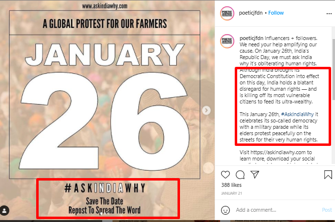 The PJF's Insta page is full of propaganda. They r literally narrating that govt is k!ll!ng farmers. Check out their provocative posts, the entire page has one word in common- 'K!LL!NG' !! Apparently, they have done a lot of marketing of 26th Jan.  https://www.instagram.com/poeticjfdn/?hl=en2/6