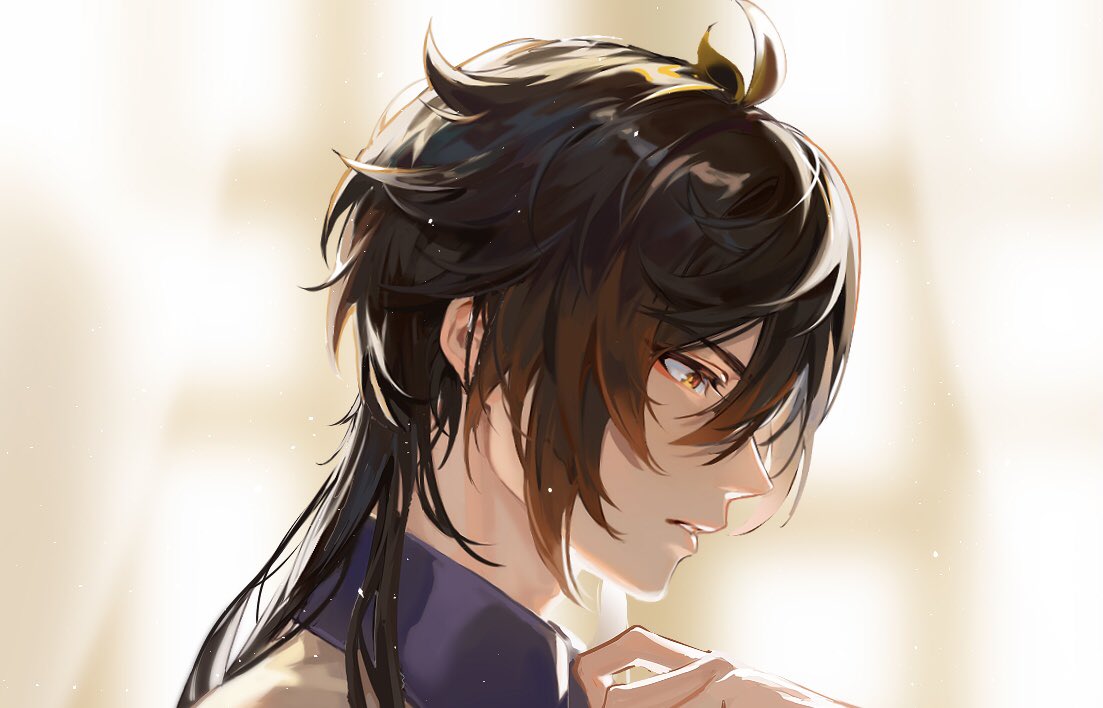 zhongli (genshin impact) 1boy male focus solo bangs long hair brown hair hair between eyes  illustration images