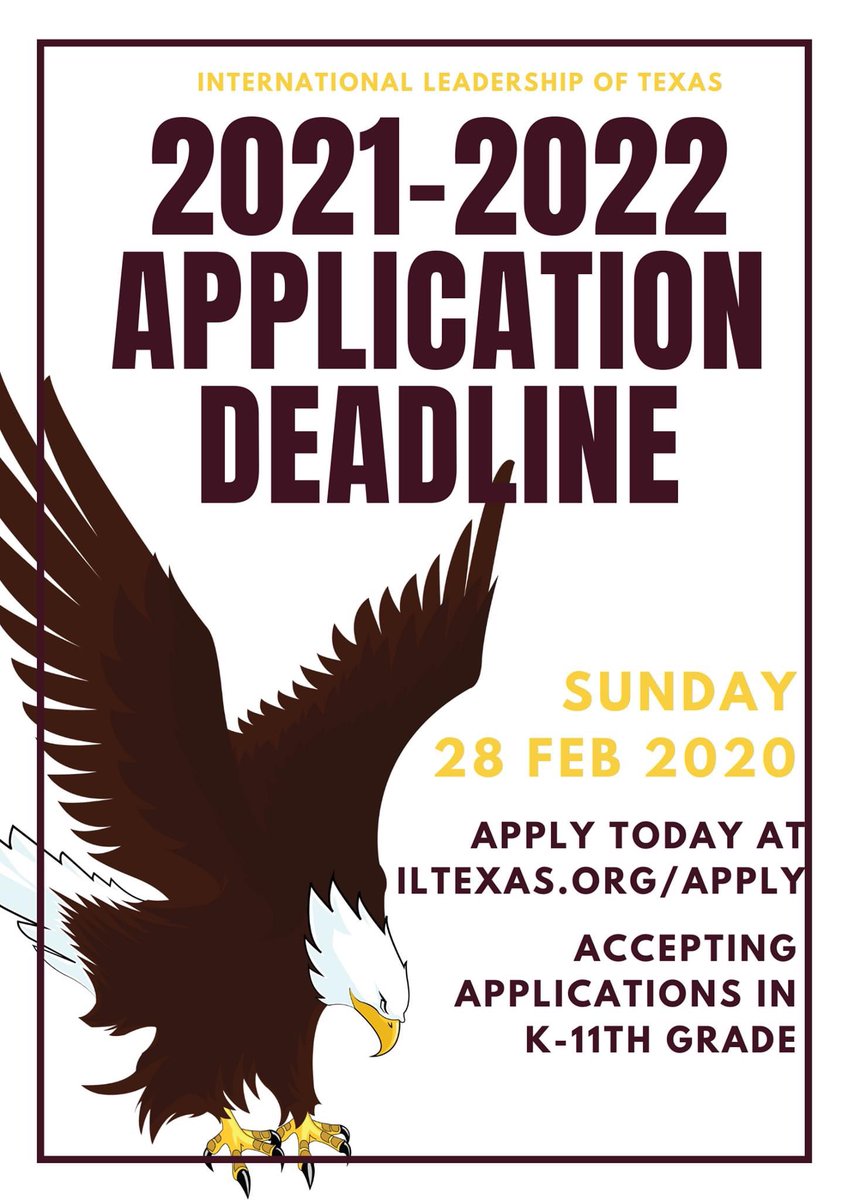 Don't miss out on the opportunity for your scholar to experience our exclusive trilingual and leadership curriculum! Our focus on language and leadership will prepare your student for an exceptional future! 

Apply today at iltexas.org/apply 

#eaglebychoice