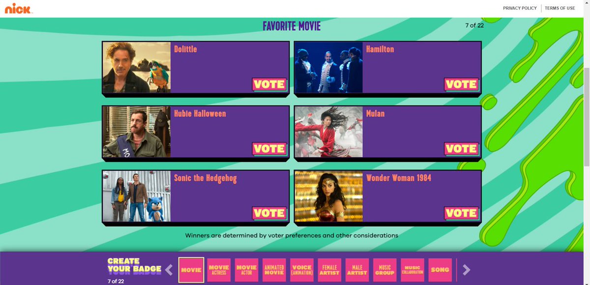 Going through the votes on the Kid's Choice Awards site. Lots of these I'm getting a second opinion on as I don't know many of these but I do know movies. I mean Dolittle seems like a good pick, no? Also, there's this movie called Sonic the Hedgehog, know anything about it? https://t.co/sU7XNkPjDB