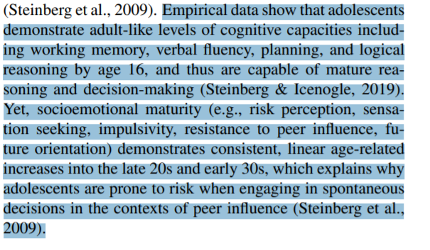 #2: Do 16 and 17-Year-Olds Have the Cognitive Capacity to Vote?A: Probably. This one is more complicated. By 16, adolescents' have adult-like levels of cog. functioning, but lag in socio-emotional maturity
