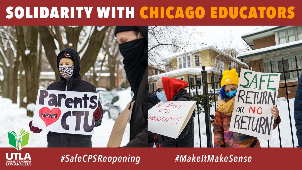 UTLAnow's tweet photo. UTLA joins in standing in solidarity with @CTULocal1. Educators are united against the unsafe reopening of schools, continuing to work remotely in defiance of the school district’s attempt to force educators and students back into unsafe conditions. 
#CPSLockout #MakeItMakeSense https://t.co/mr2T9YWUAM