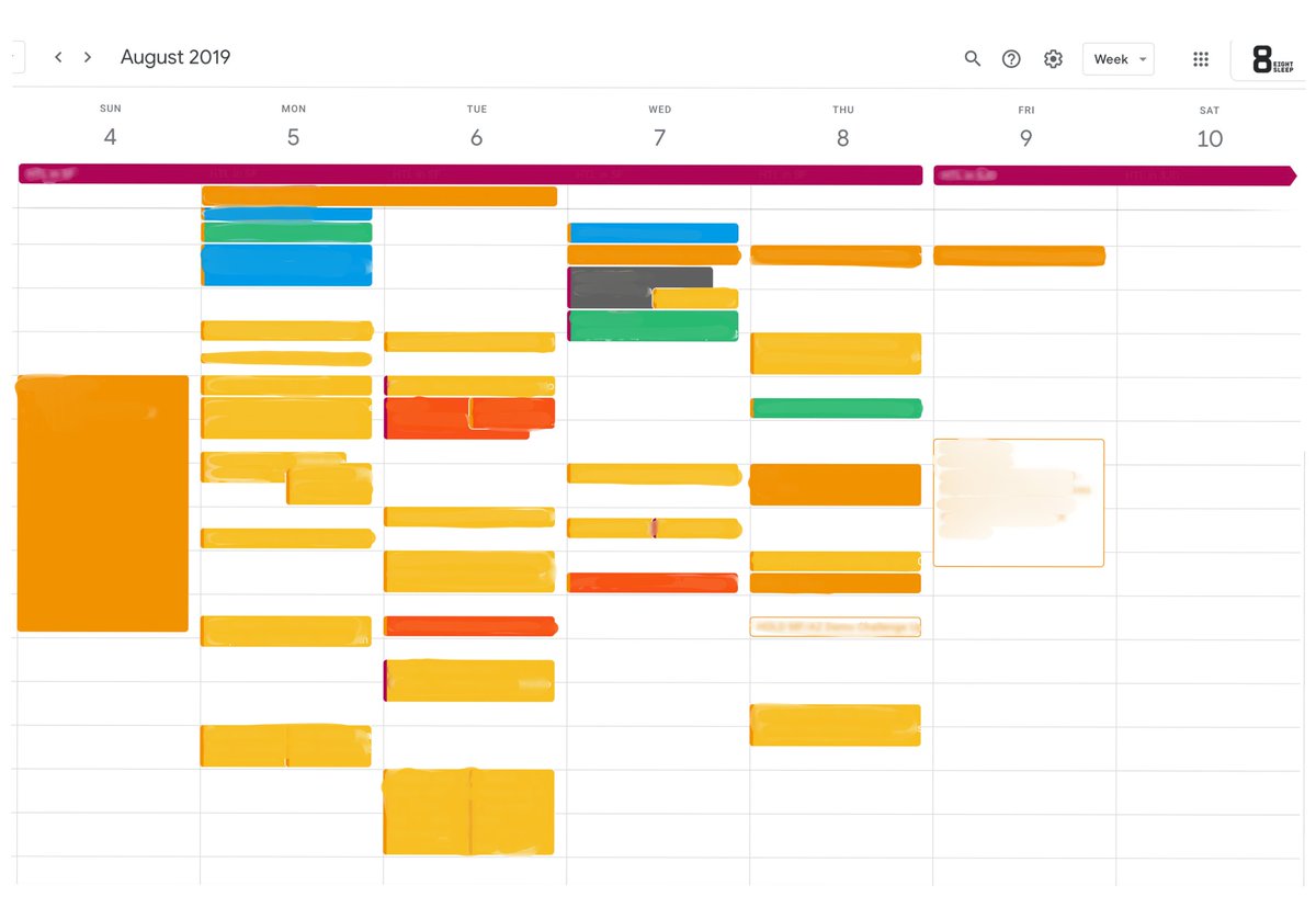 Example of my calendar reflecting priorities:- Back in September 2019, my main priority was fundraising and I flew from NYC to SF for 3 weeks- As you can see my calendar was mainly colored in yellow (for investor meetings)