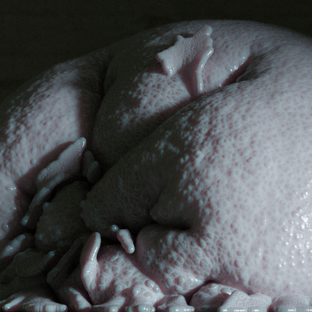 Couple of stills since this was another sacrifice to the compressions gods. Trying to subtly emphasize the blobby look of the skin. Needs more render samples.....