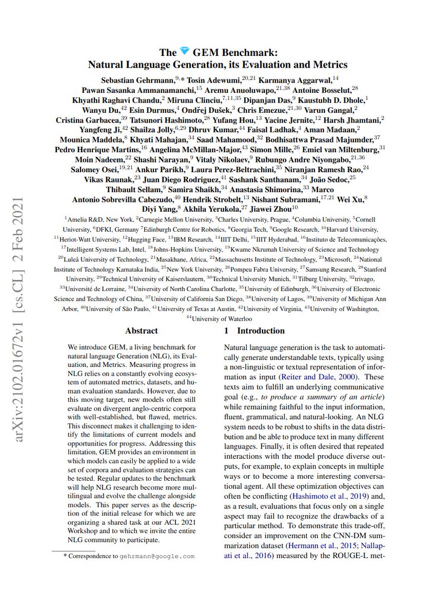 Montreal_AI's tweet image. The GEM Benchmark: Natural Language Generation, its Evaluation and Metrics

Gehrmann et al.: arxiv.org/abs/2102.01672

#DeepLearning #NaturalLanguageGeneration #NLG