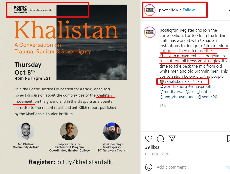 While 'Canadian NGO' has already rung the bell in mind, here comes another dot- "K". Below is Ad of the webinar conducted by PJF on 'Khalistan- The Sikh Freedom Struggle'. PJF's co-founder  @neeti420 Anit Lal writes "What's the deal with Indian (Brahman) govt?"  @PoeticJFdn4/6