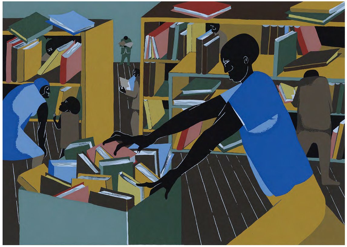 3. Jacob Lawrence, The Library, 1978. Silkscreen on paper. Are there any other images of people reshelving library books in art? I love this one.