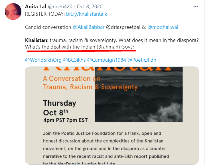 While 'Canadian NGO' has already rung the bell in mind, here comes another dot- "K". Below is Ad of the webinar conducted by PJF on 'Khalistan- The Sikh Freedom Struggle'. PJF's co-founder  @neeti420 Anit Lal writes "What's the deal with Indian (Brahman) govt?"  @PoeticJFdn4/6