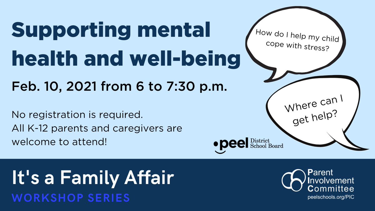 Join the Parent Involvement Committee as they host the first of three virtual workshops for parents and caregivers of students in Peel on Feb. 10. 

To join the workshop, visit: bit.ly/JoinFeb10 and to submit questions in advance, visit: bit.ly/QuestionsFeb10