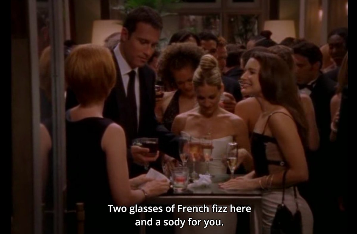 Ironically, Miranda’s bartender boo, Steve, has no wine references. But Aiden, Carrie’s laid-back, no-games, furniture-building boyfriend and foil to her toxic beau Big, calls Champagne “French fizz.” He’s uncomplicated and fun like that.